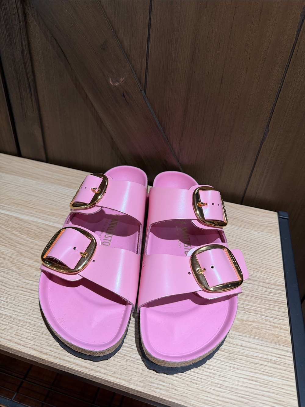 Birkenstock Pink Double-Buckle Slide Sandals with Gold Buckles